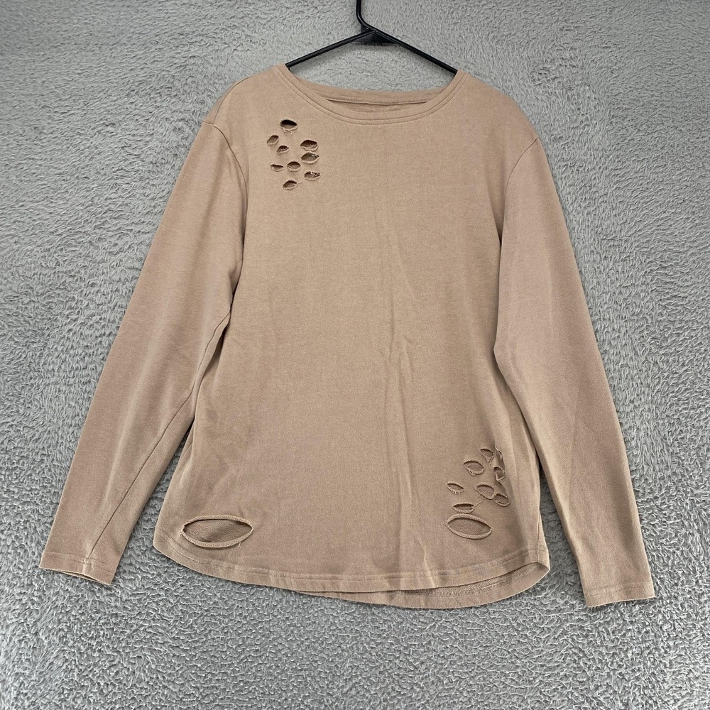 Alphalete Shirt Mens Medium Beige Distressed Long Sleeve Crewneck‎ Tee Top